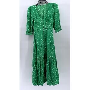 ZARA Women's Green-White Polka Dot Smocked V-Neck Button-Front Midi Dress SZ XS